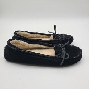 B1 Minnetonka Moccasin Women Black SUEDE Kilty Loafers Hard Sole Size 10.5